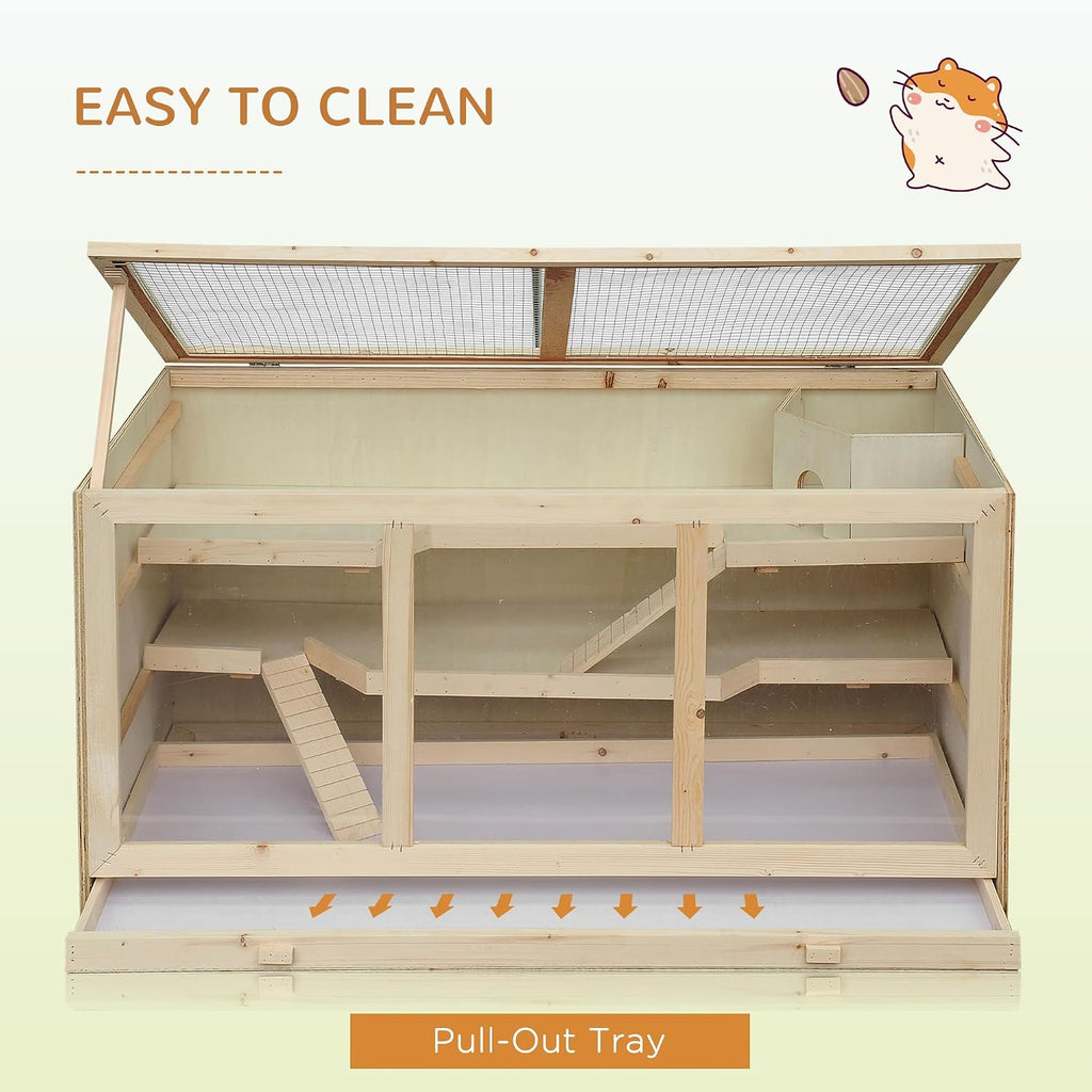 45" Extra Large Wooden Hamster Cage, 3-Layer Rat Cage with Opening Roof, PVC Window, Small Animal Habitat for Gerbil