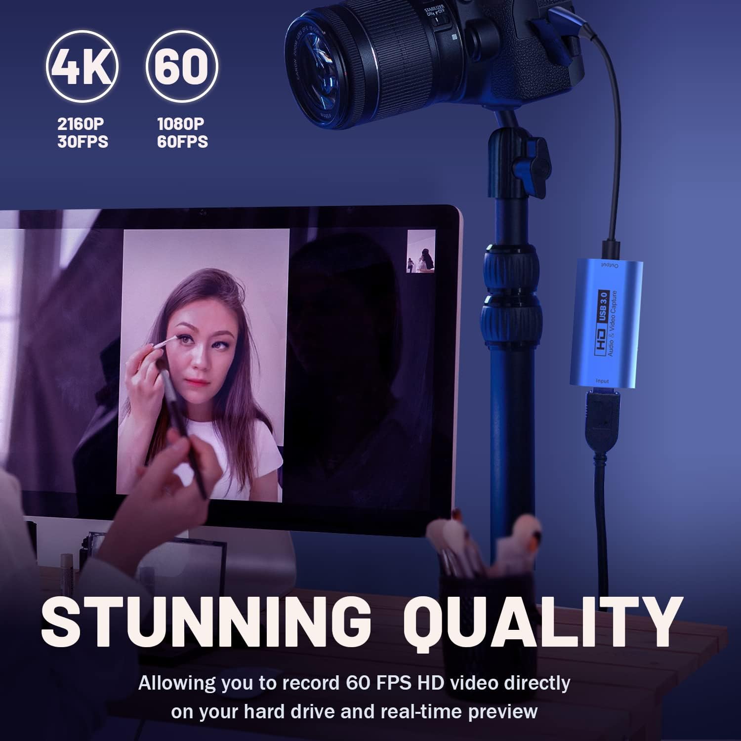 Video Capture Card, USB3.0 HDMI to USB-C Capture Device, 2K@30FPS | Stream & Record Gameplay at 1080P@60FPS