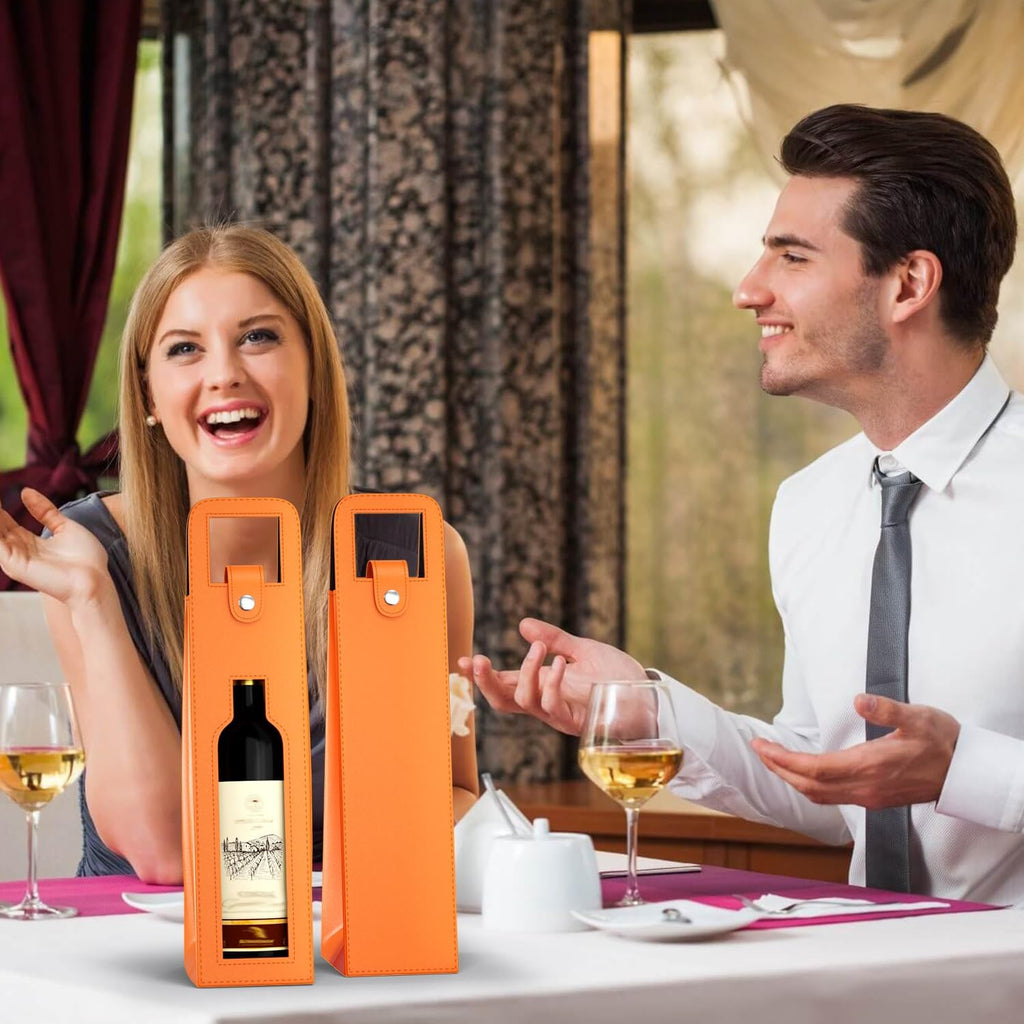 Orange Wine Gift Bag, Leather Wine Tote, Single Bottle Wine Carrier