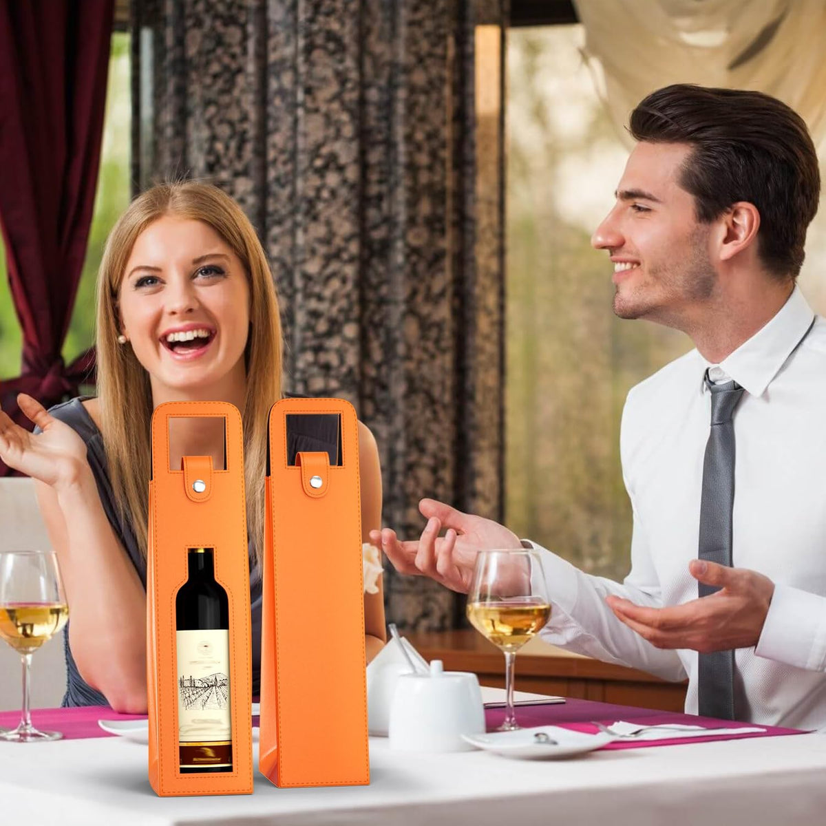 Orange Wine Gift Bag, Leather Wine Tote, Single Bottle Wine Carrier