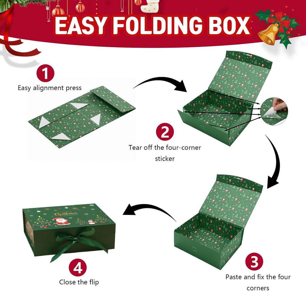 Christmas Magnetic Gift Boxes with Lids, Collapsible Hardboard Gift Packaging, Red & Green Holiday Boxes for