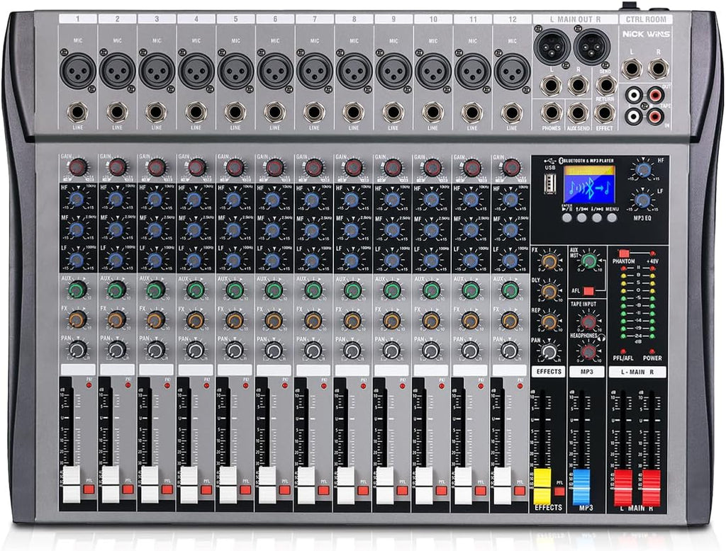 12 Channel mixer professional Audio Mixer, dj mixer with Individual Channel Control and USB Audio Recording & Editing