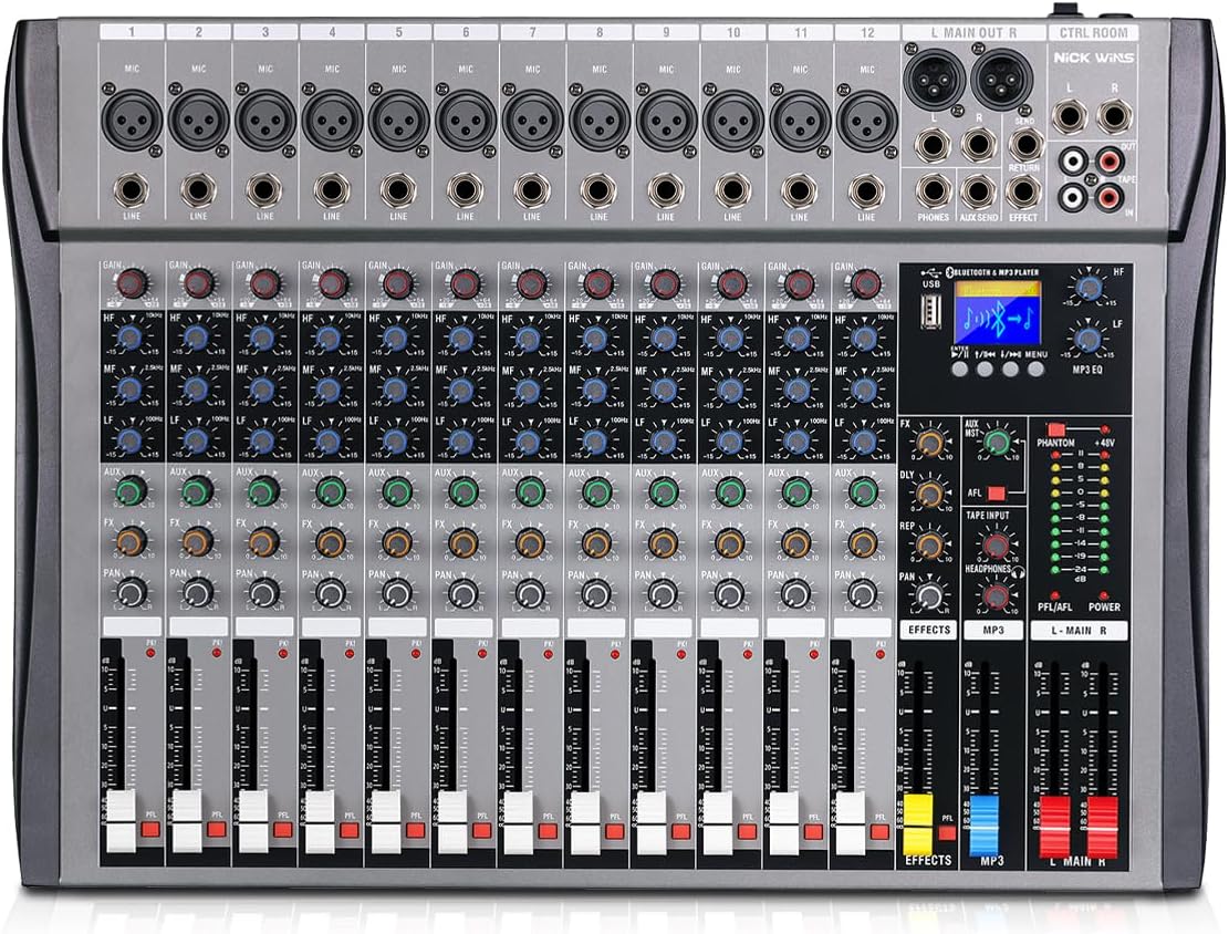 12 Channel mixer professional Audio Mixer, dj mixer with Individual Channel Control and USB Audio Recording & Editing