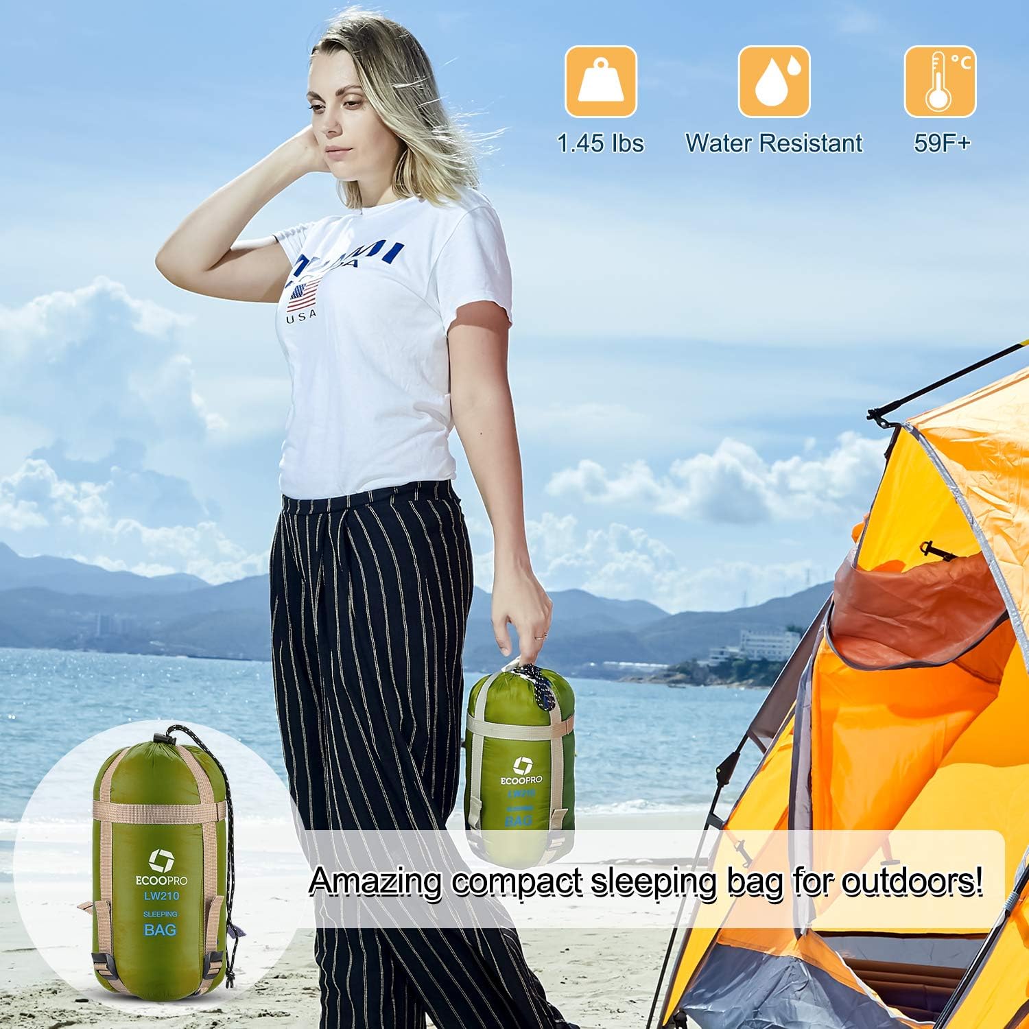 Warm Weather Sleeping Bag - Portable, Waterproof, Compact Lightweight, Comfort with Compression Sack - Great for