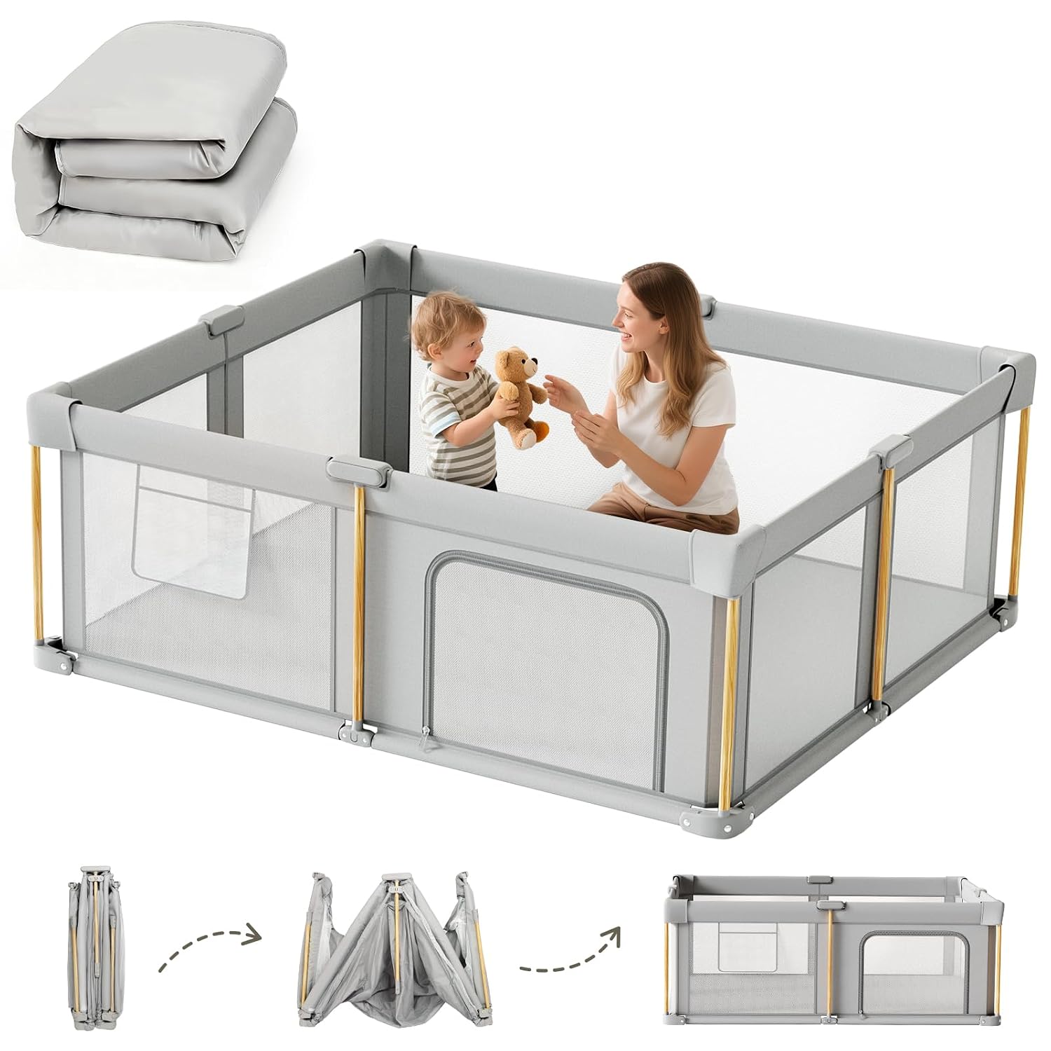 Foldable Baby Playpen with Mat, 71x59 Foldable Play Pen for Babies and Toddlers, Baby Playpen with Portable Design