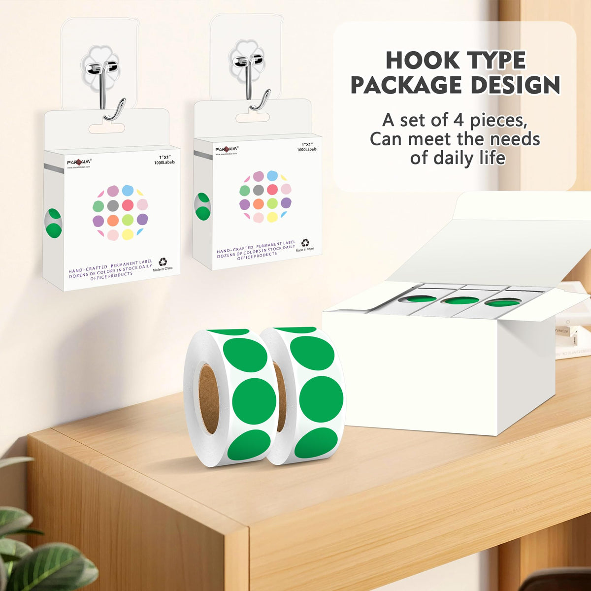 Color-Coded Dot Sticker 1 inch Permanent Adhesive Round Label Green 4 Rolls