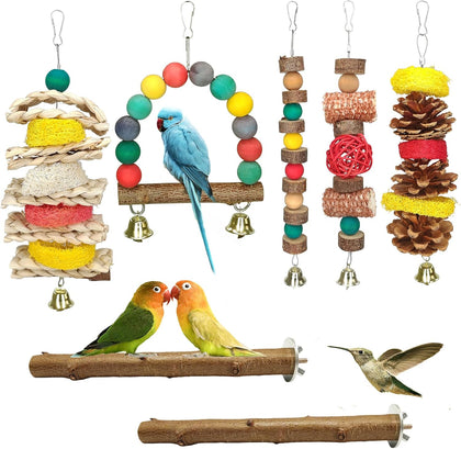 7 Pcs Natural Wood Bird Toy & Perch for Parakeets, Cockatiel & Lovebird, Budgie Play Accessory for Small Parrots