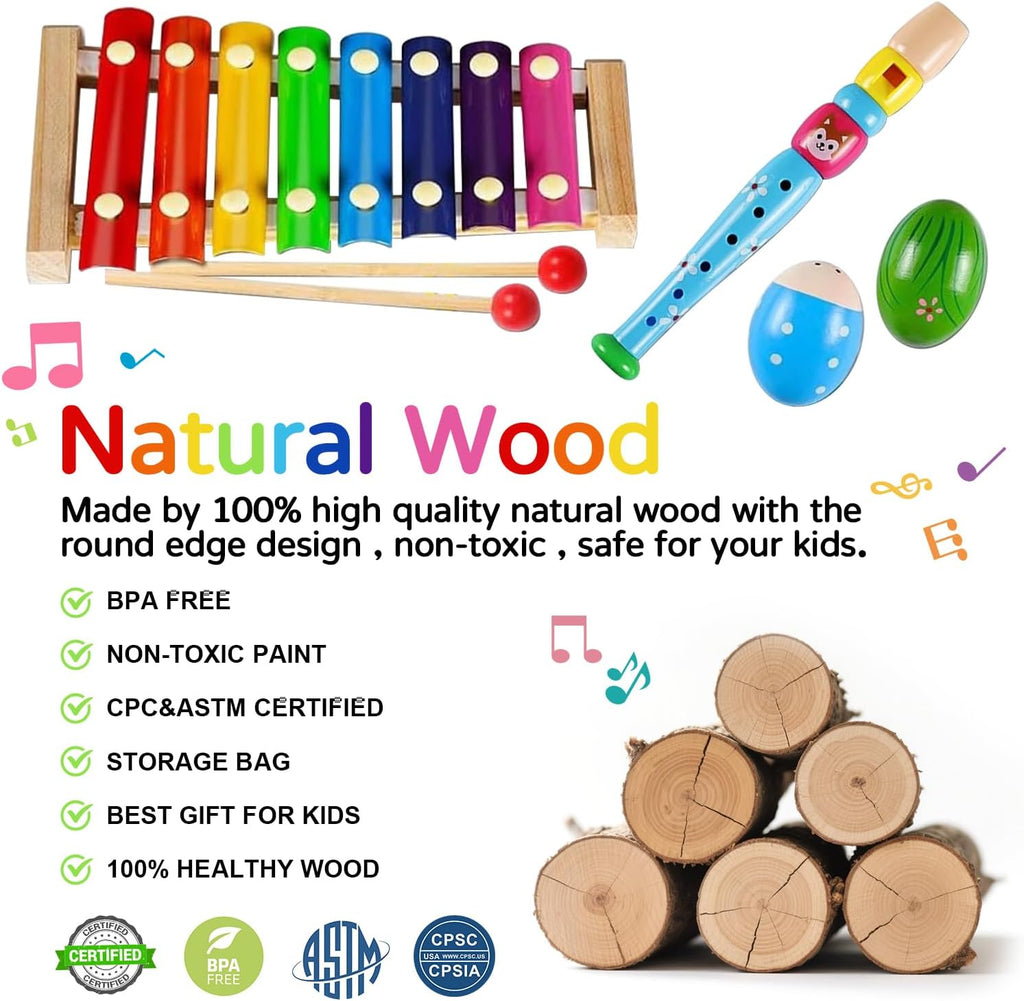 Kids Musical Instruments, INLAIER Toddler Wooden Percussion Instruments Tambourine Xylophone Toys for Kids Children