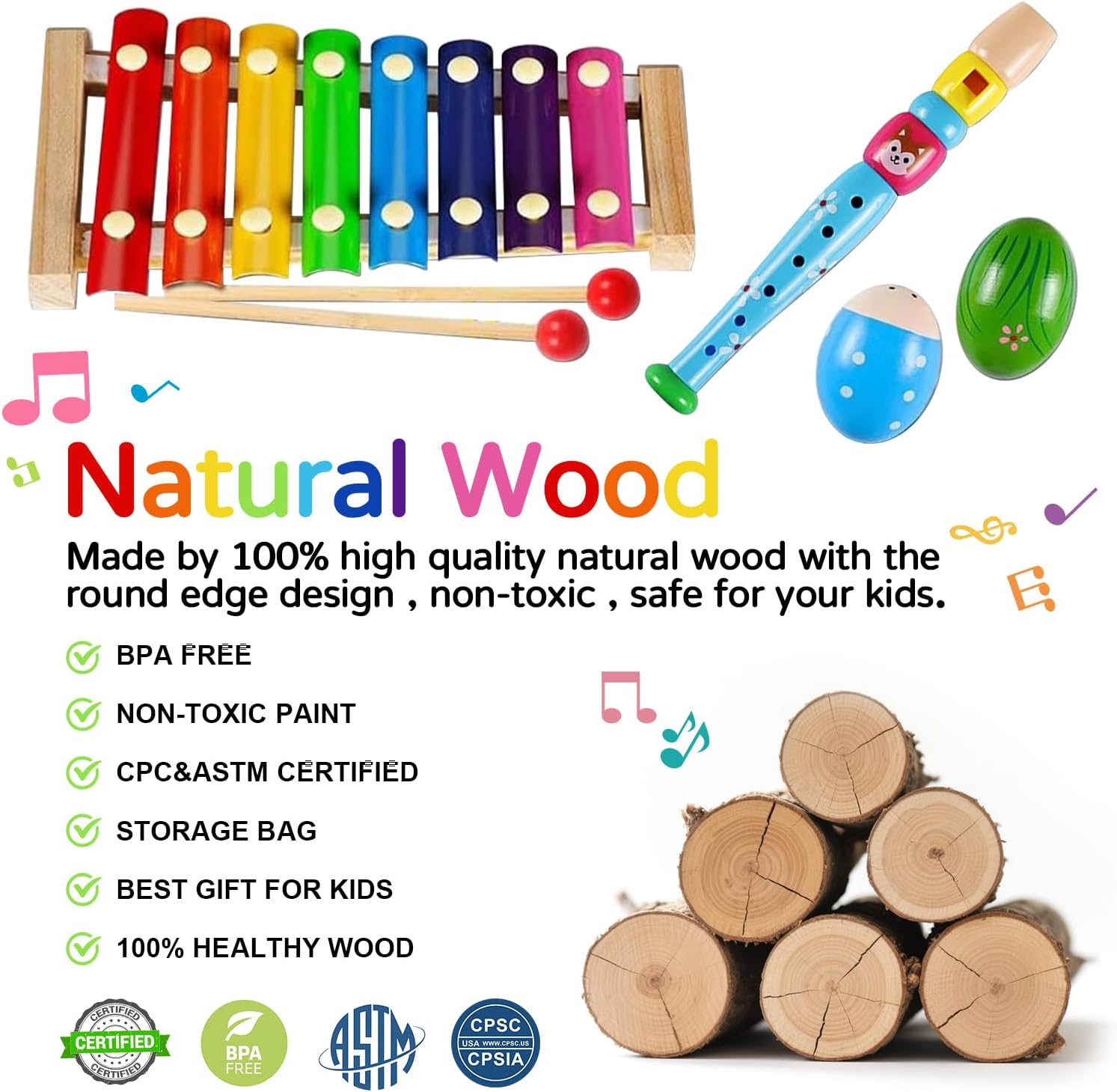 Kids Musical Instruments, INLAIER Toddler Wooden Percussion Instruments Tambourine Xylophone Toys for Kids Children