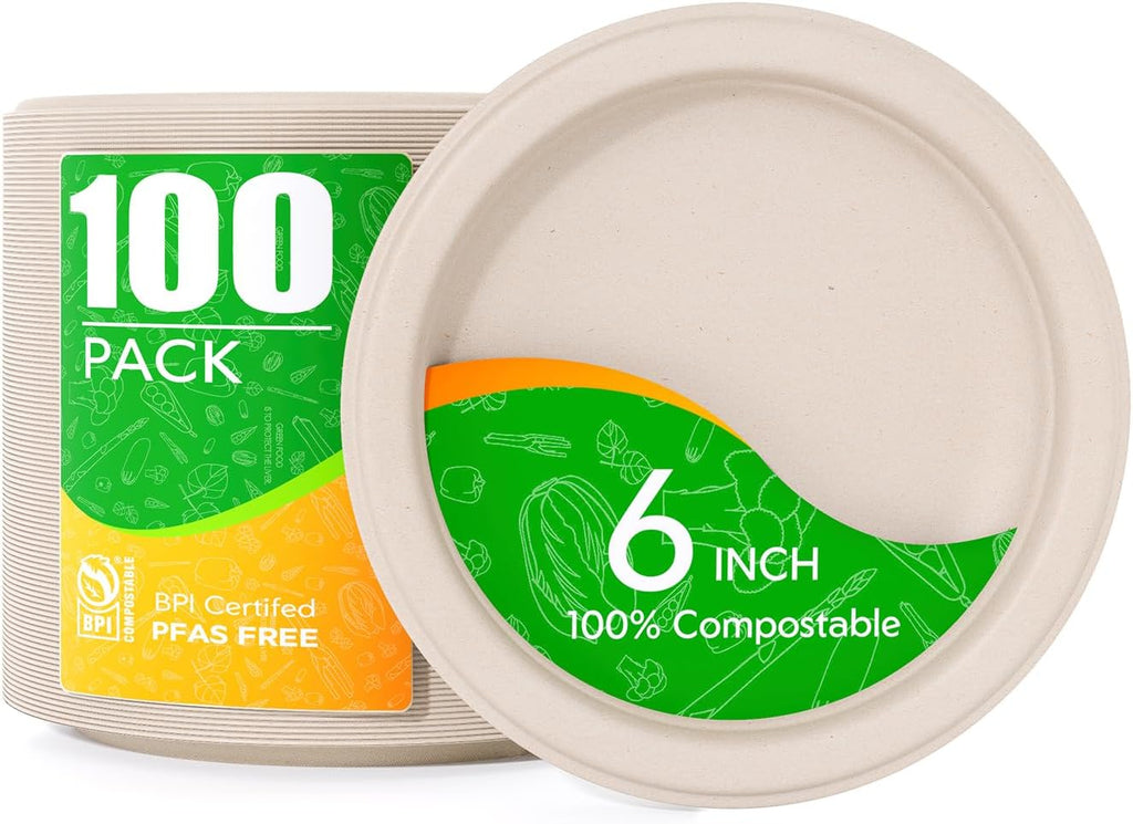 Disposable Compostable Paper Plates 6" - Small Dessert Plates 100 Count