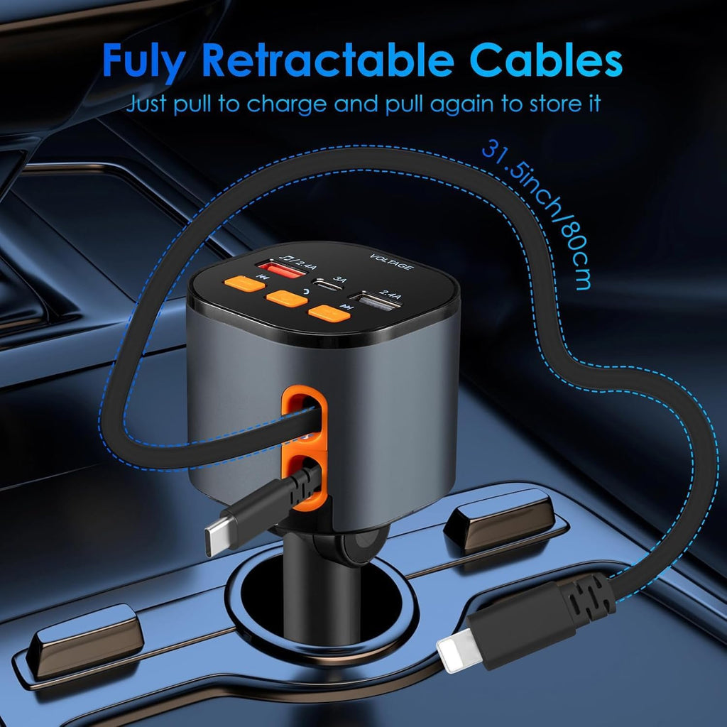 Retractable Car Charger,5 in 1 Fast Cars Phone Charger 90W,Bluetooth 5.3 FM Transmitter Adapter,Handsfree Call,2
