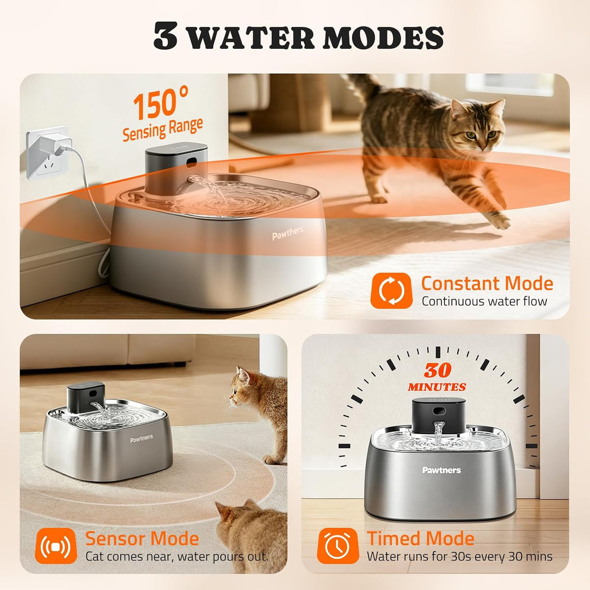 Pumpless Cat Water Fountain Stainless Steel 108oz/3.2L, 3 Modes
