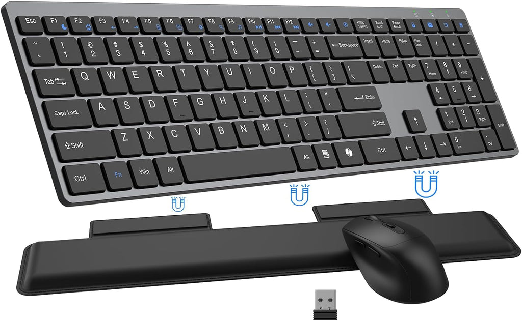 Wireless Keyboard and Mouse Combo, Full Size Silent Ultra Thin Keyboard with Magnetic Wrist Rest, Optical Mouse, 2.4G