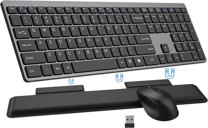Wireless Keyboard and Mouse Combo, Full Size Silent Ultra Thin Keyboard with Magnetic Wrist Rest, Optical Mouse, 2.4G