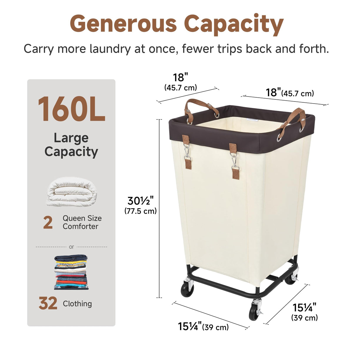 160L Laundry Basket with Wheels, Rolling Hampers for Clothing
