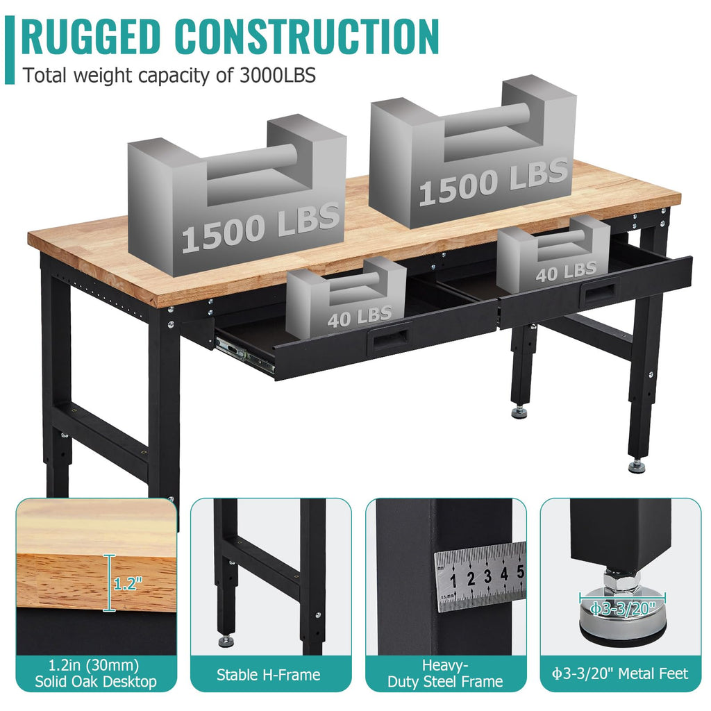 60" Heavy-Duty Garage Workbench with 2 Drawers, Pegboard & Power Outlet