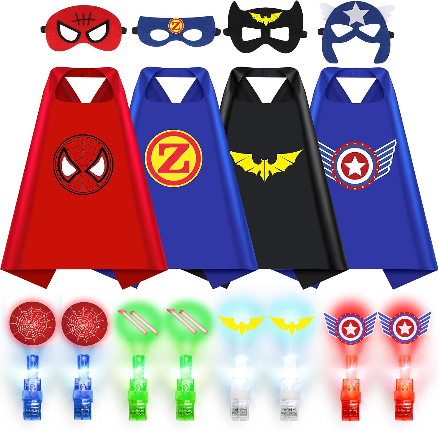 Superhero Capes with Finger Lights, Masks Dress Up for Kids 3-12 | 4 Capes, 4 Masks, 8 Lights for Halloween Costumes