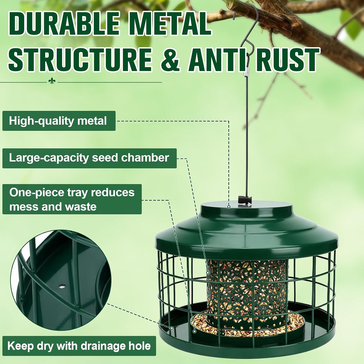 Metal Caged Bird Feeder for Outdoors Hanging, Squirrel & Starling Proof