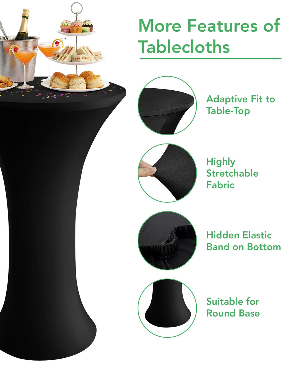 Spandex Cocktail Table Covers, 24x43 Inch, Black, 8 Pack