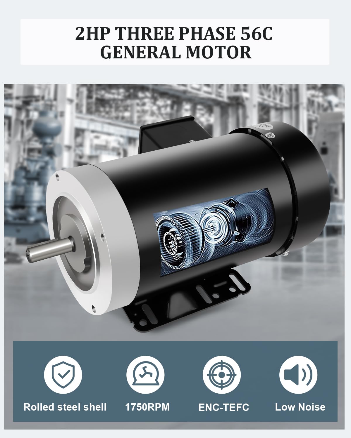 2HP General Electric Motor Three Phase 1750RPM 56C Frame TEFC 230/460V