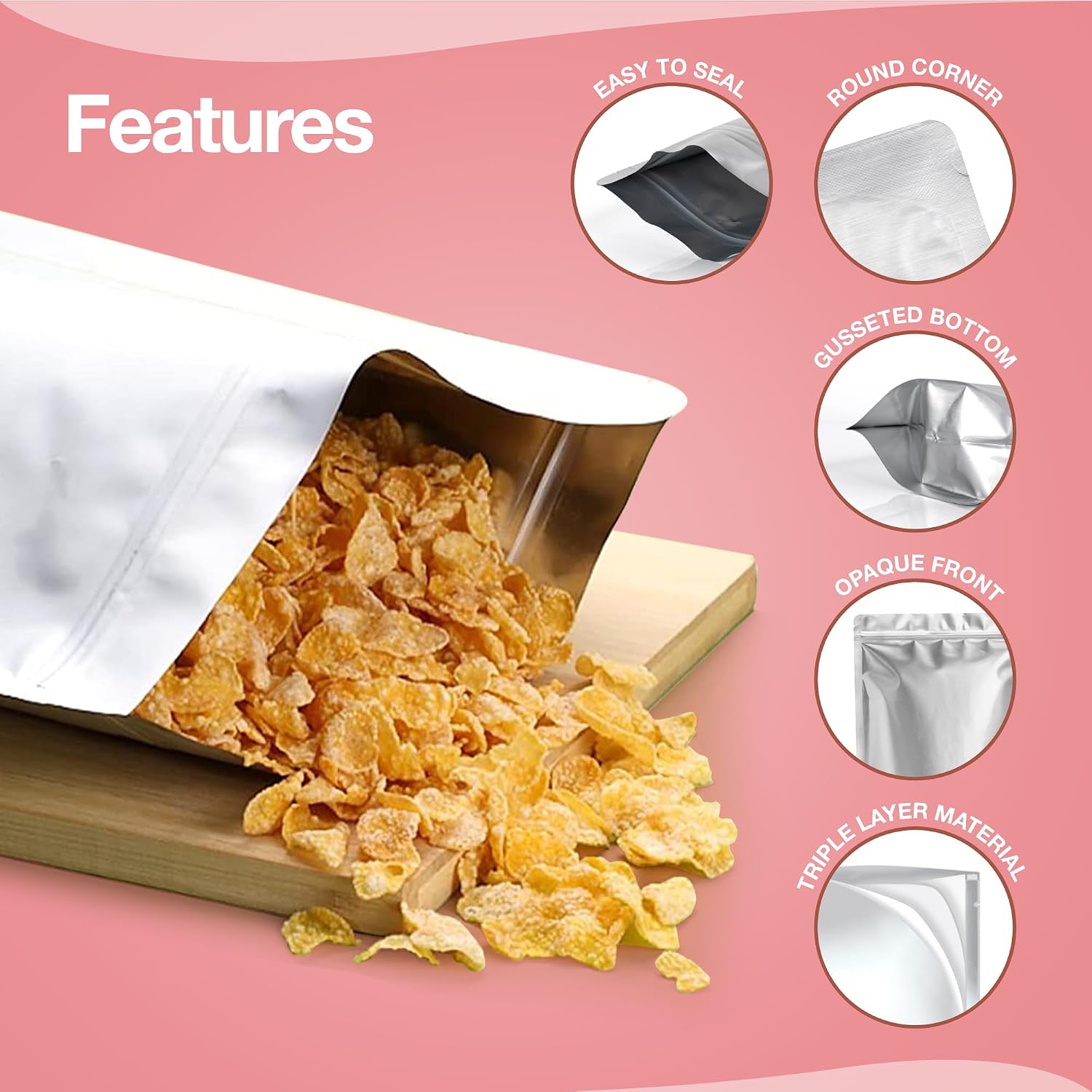 100pcs 1 Quart Mylar Bags with Gusseted Bottom - Extra Thick | Resealable, Long Term Food Storage, Stand Up, Ziplock