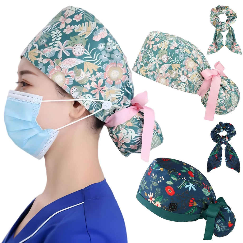 2 Pcs Ponytail Scrub Caps Women Long Hair Nurse Scrub Hats with Scrunchies Ribbon Lace-Up Scrub Cap for Women