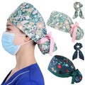 2 Pcs Ponytail Scrub Caps Women Long Hair Nurse Scrub Hats with Scrunchies Ribbon Lace-Up Scrub Cap for Women