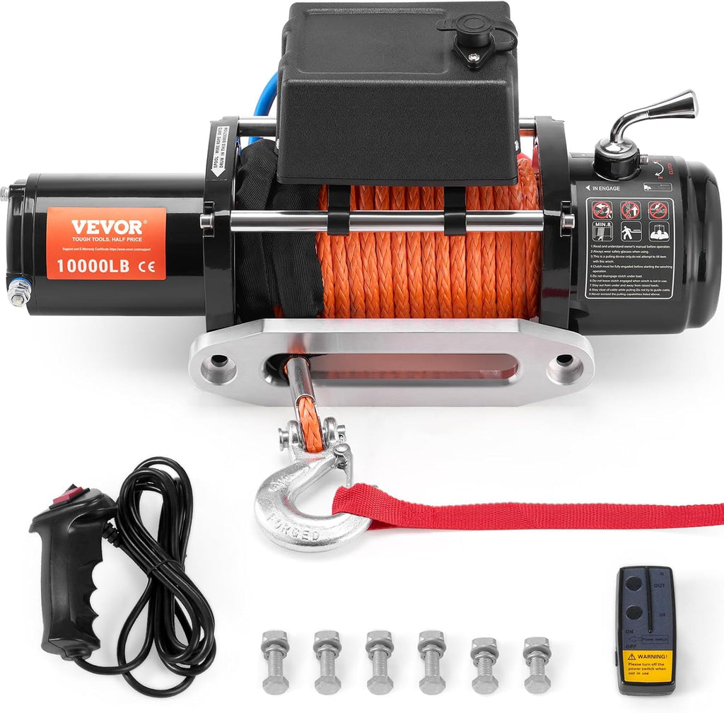 Electric Winch, 10,000 lb Truck Trailer Jeep Winch, 12V DC 7/20 in x 65 ft Synthetic Rope Aluminum Fairlead Wireless