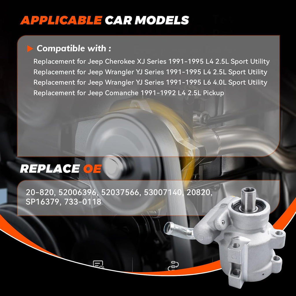 20-820 Power Steering Pump Assembly Compatible with Jeep Wrangler 1991-1995, Cherokee 1991-1996, Comanche 1991-1992, L4 2.5L Gas Power Assist Pump Replace # 52006396, 52037566, 53007140
