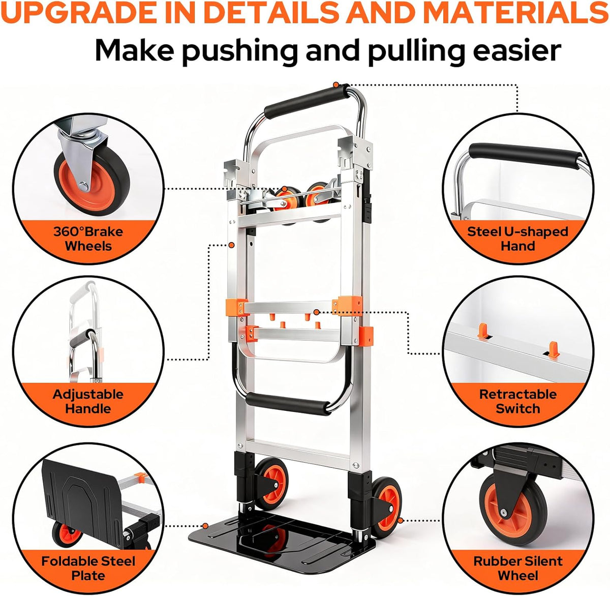 Folding Hand Truck Dolly Cart with Wheels, 500lb Load,Silver Orange