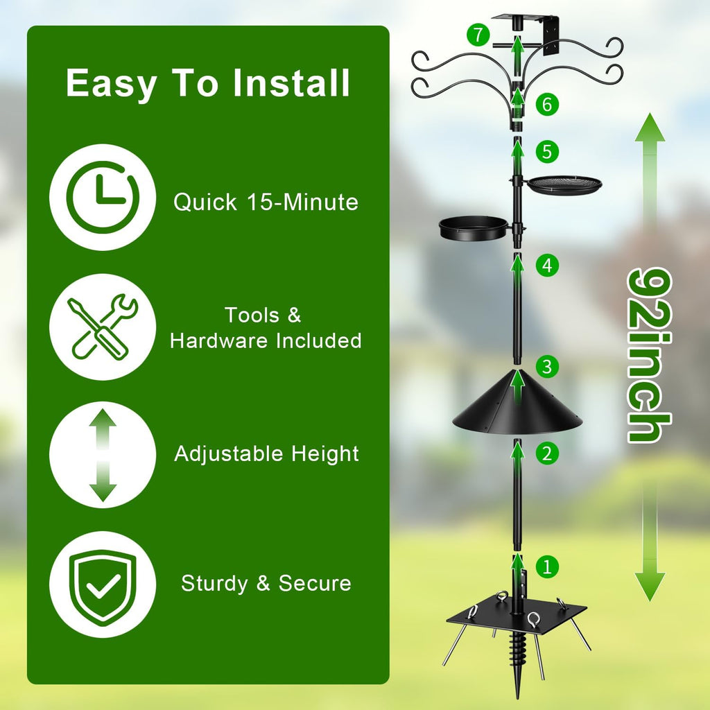 Upgraded Heavy Duty Bird Feeder Pole, 92 Inch Squirrel Proof Adjustable Bird Feeding Station,1 Inch Dia Bird House
