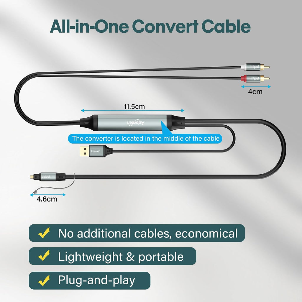 Unidirectional 2 RCA Input to SPDIF/Toslink Output Optical Adapter Cable 6 Ft, Analog to Digital Audio Converter