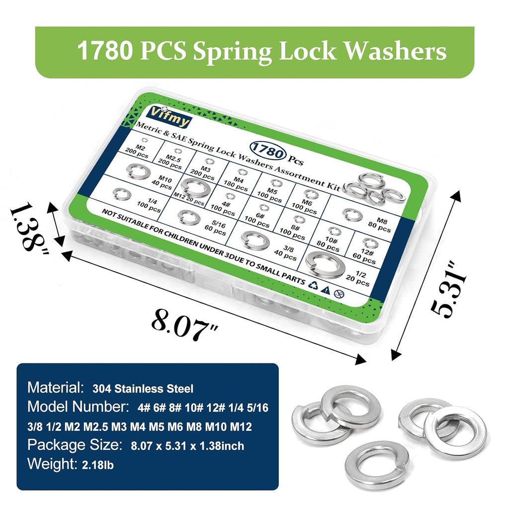 SAE & Metric Split Spring Lock Washer Assortment kit 304 SS 1780Pcs