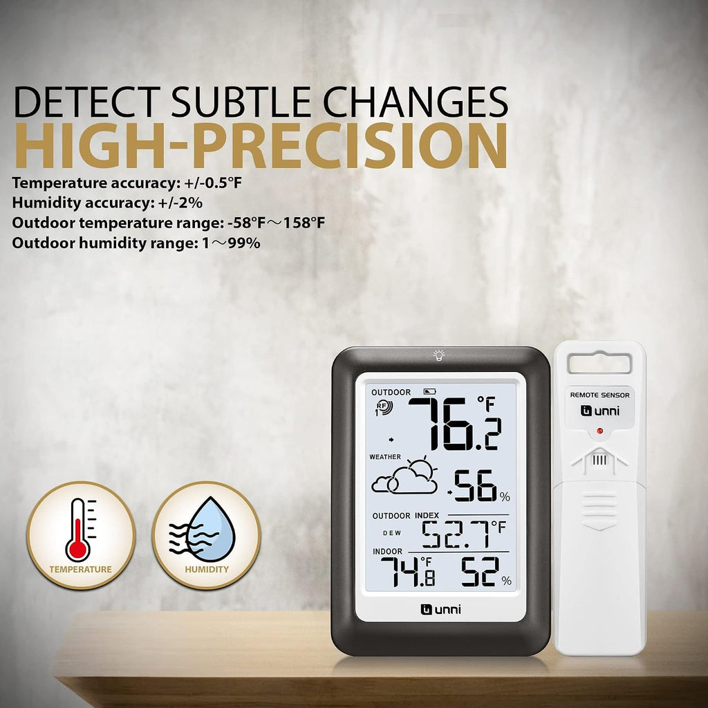 Indoor Outdoor Thermometer Wireless Weather Station, Temperature Humidity Monitor Battery Powered Inside Outside
