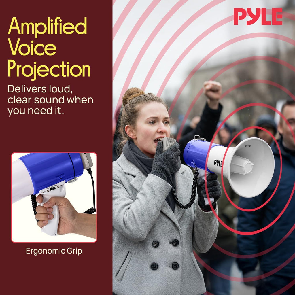 50W Portable Megaphone Bullhorn Speaker – Alarm Siren, Adjustable Volume up to 1700 Yards, Aux Input, USB/TF