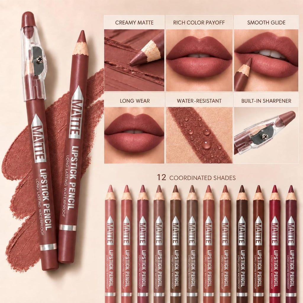 12 Colors Lip Liner Pencil Set Cream Matte Texture