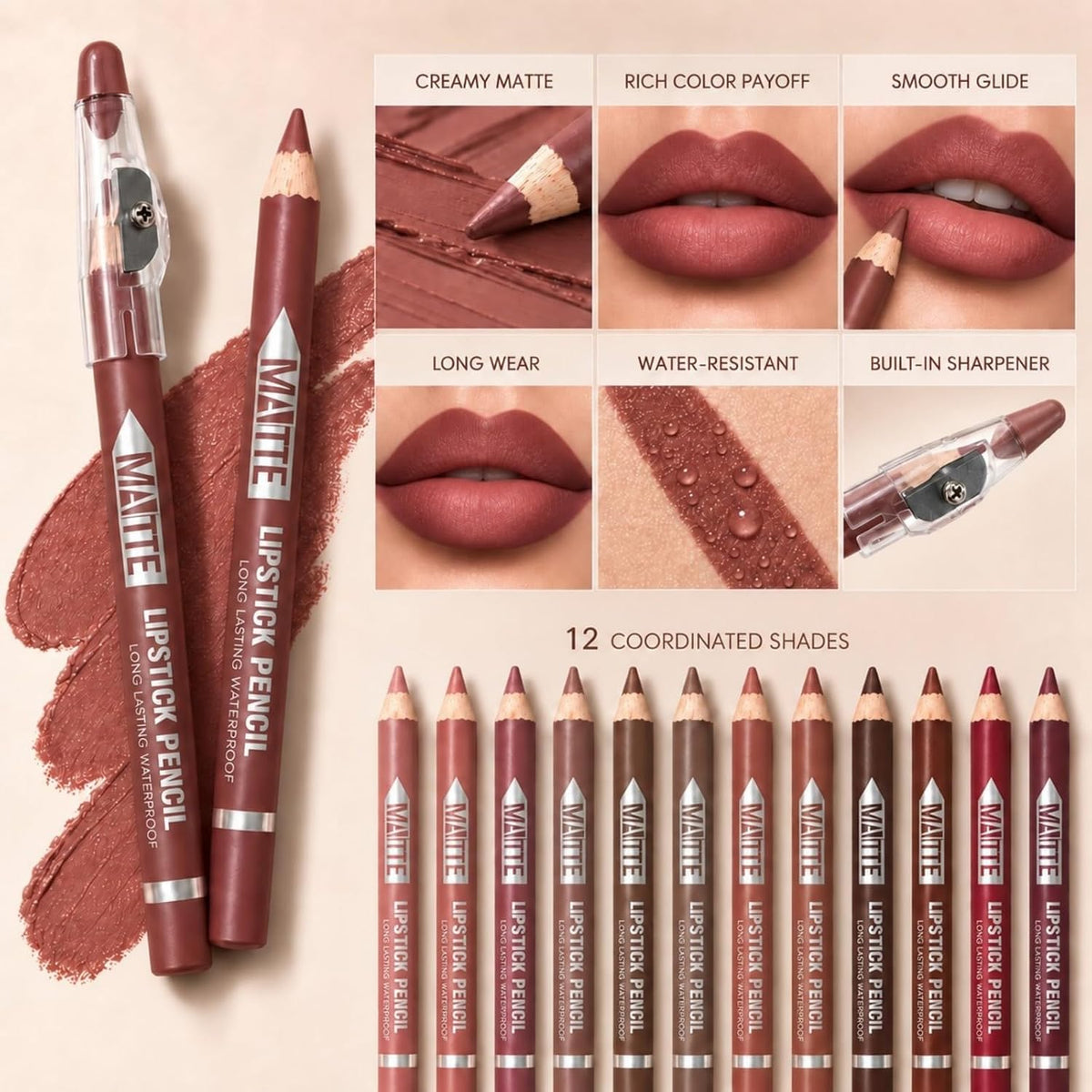 12 Colors Lip Liner Pencil Set Cream Matte Texture
