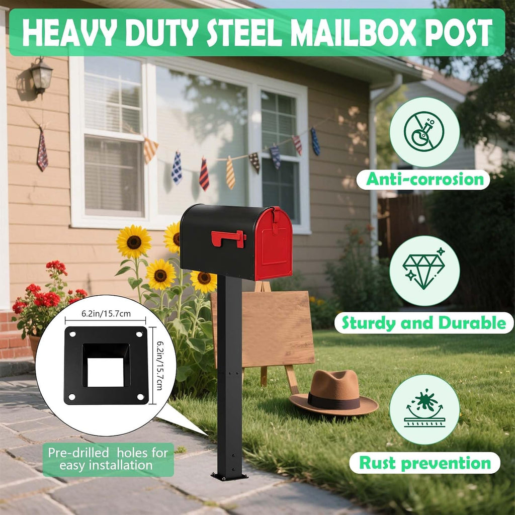 43" Heavy Duty Steel Mailbox Post with Base Plate | 4x4 In Ground Mailbox Posts for Outside, 12x6" Universal Mounting