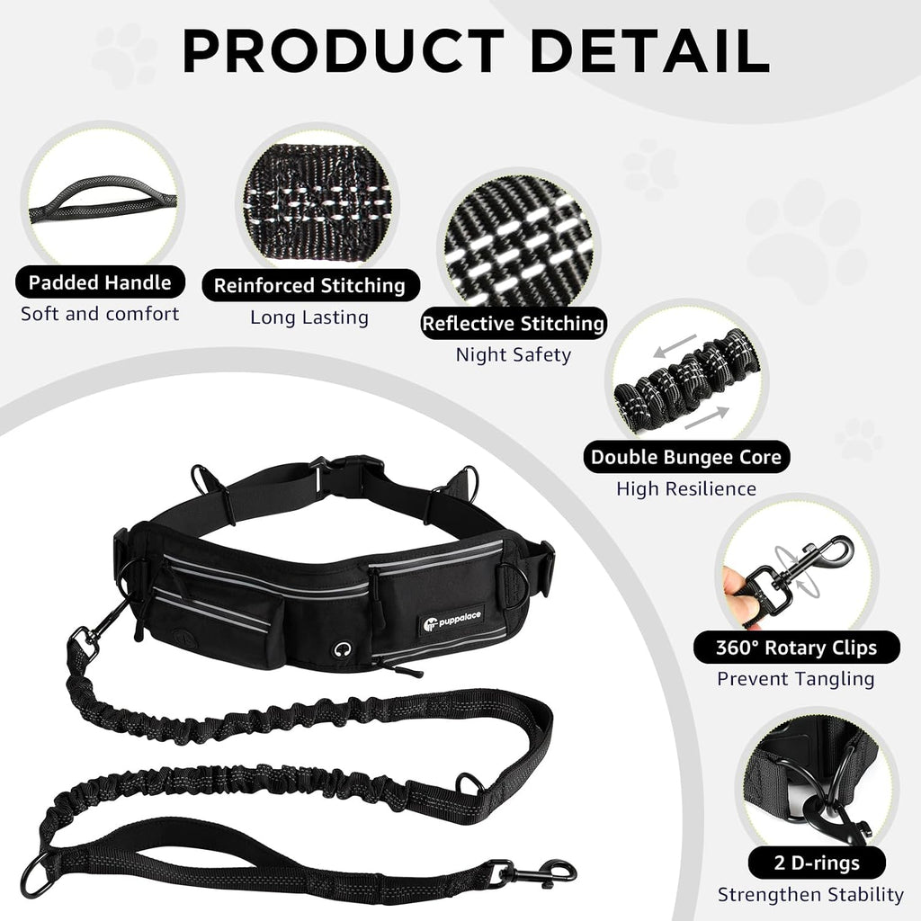 Hands Free Dog Leash with Waist Pack Bungee for Running Black