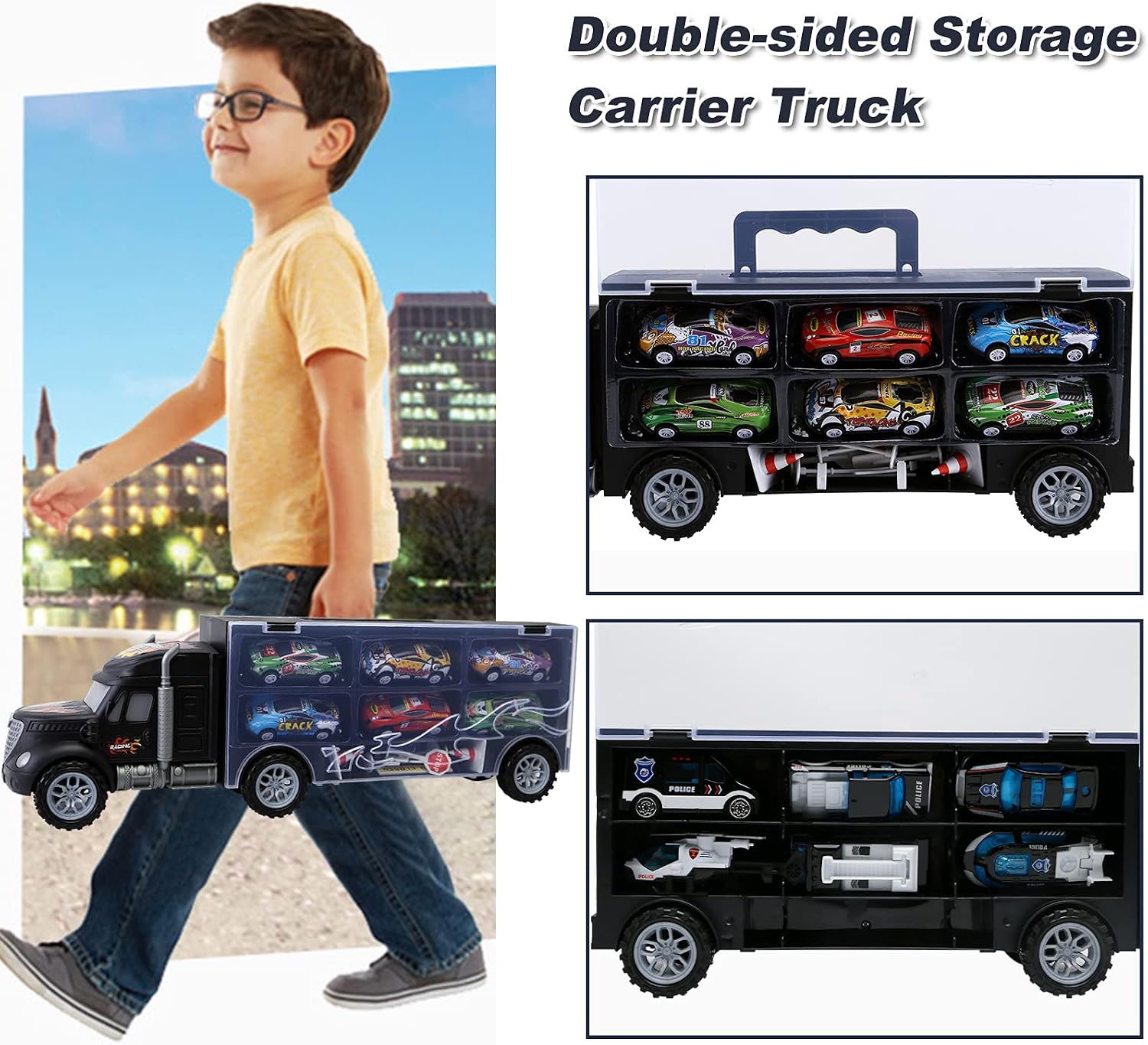 Toddler Toys for 3-4 Year Old Boys,Large Transport Cars Carrier Set Truck Toys with 12 Die cast Vehicles Truck Toys