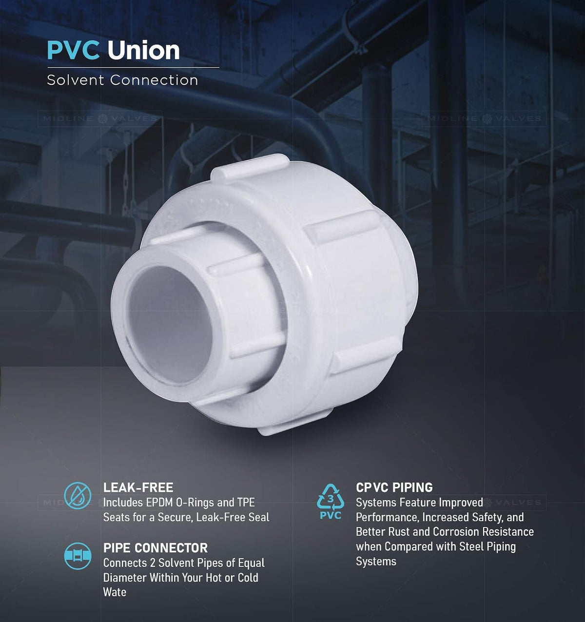 Midline Valve 597DV212 PVC Union Coupling Pipe Fitting 2-1/2'' Solvent Connections White Plastic