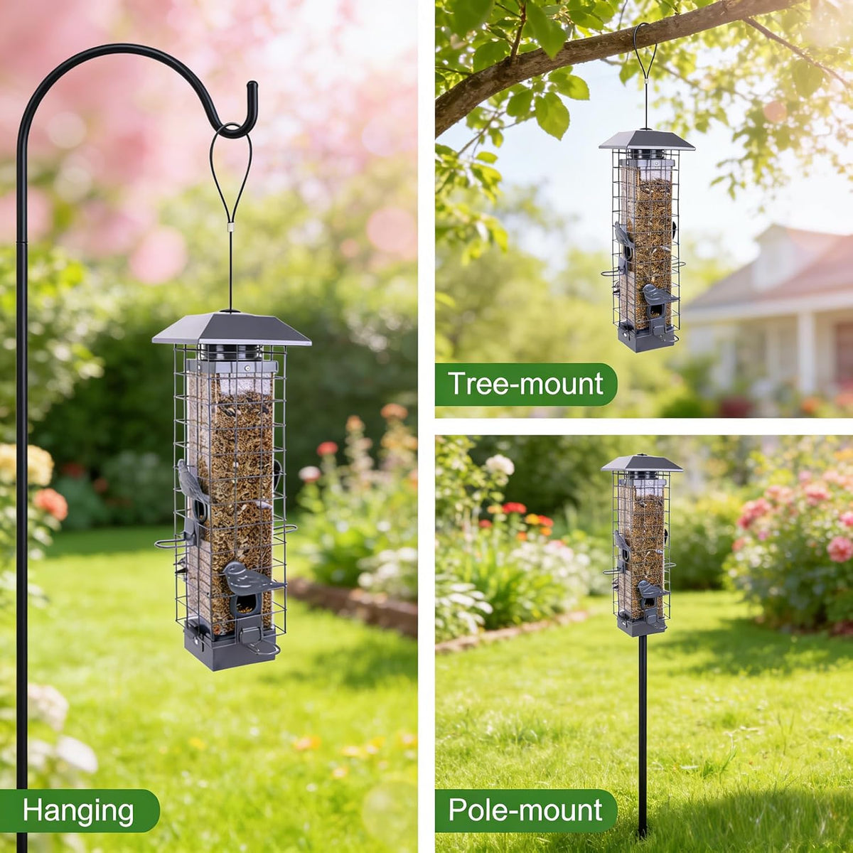 Squirrel Proof Bird Feeders for Outdoors, Metal Wild Bird Feeder for Outside Hanging, 4 Ports Perches, 3LB Large