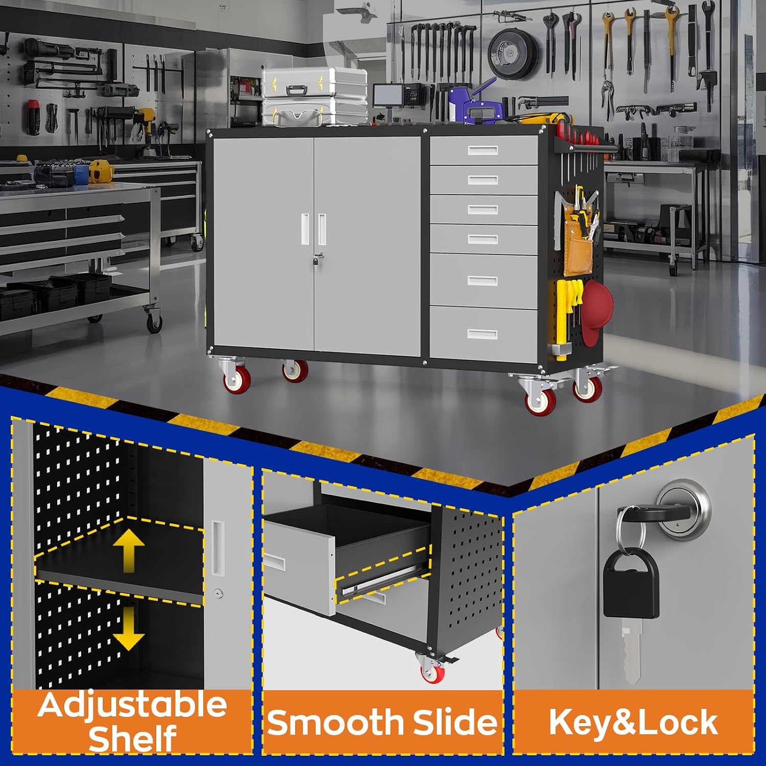 55" W Rolling Workbench with 6 Drawers and Storage Cabinet,1000 LB Capacity Heavy Duty Work Bench with Pegboard and