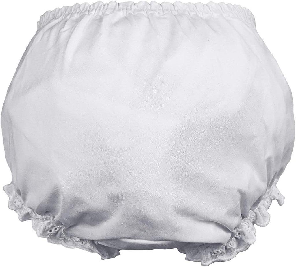 Baby Girls White Elastic Bloomer Diaper Covers - Embroidered Eyelet Edging Around Legs - LG
