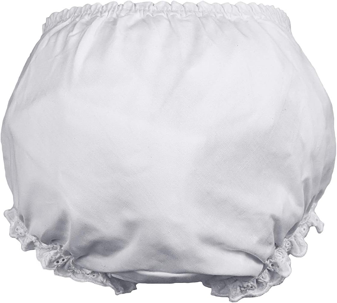 Baby Girls White Elastic Bloomer Diaper Covers - Embroidered Eyelet Edging Around Legs - LG