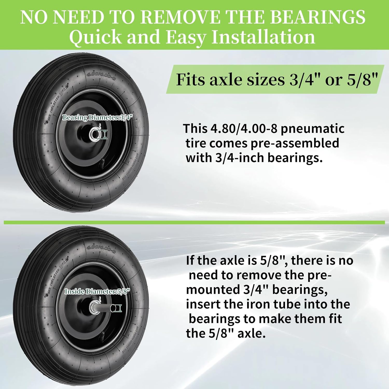4.80/4.00-8 Tire and Wheel, 16" Pneumatic Wheelbarrow Tires, 2 Pack | Wheel Barrow Wheels and Tires, 3" Centered Hub