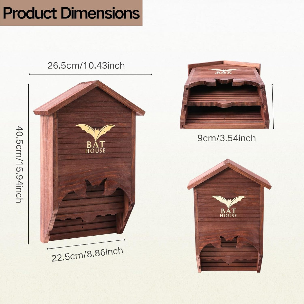 Bat House for Outdoors, 2-Chamber Pine Wood Bat Box, Preassembled, Brown