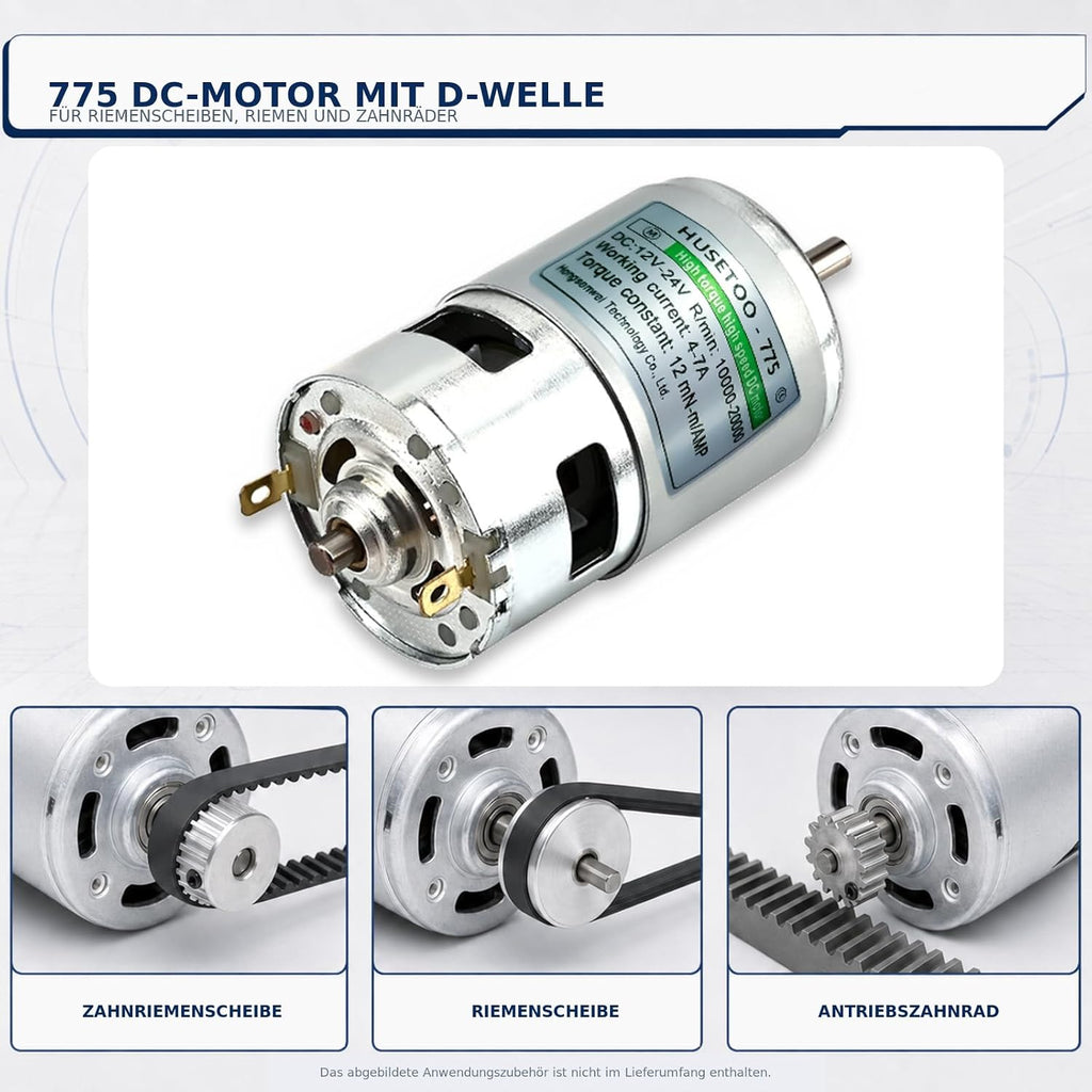 775 High Torque DC Motor, 12V/24V, 10K/20K RPM, D Shaft, 1-Pack