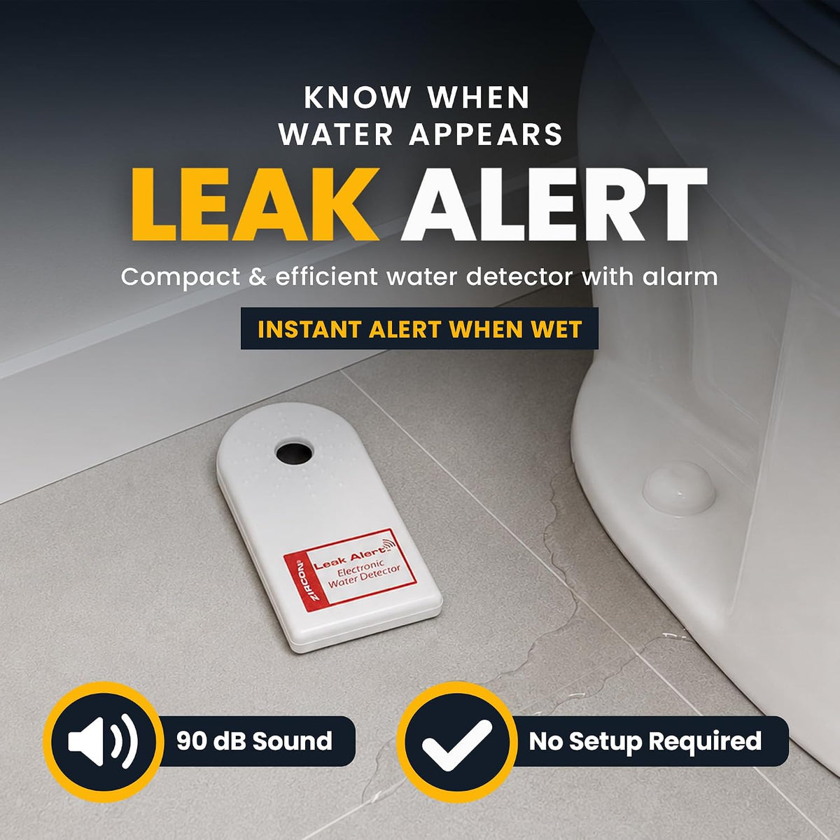 Leak Alert Water Leak Detector, Loud 90 dB Water Alarm | Detect leaks before costly water damage near water heaters