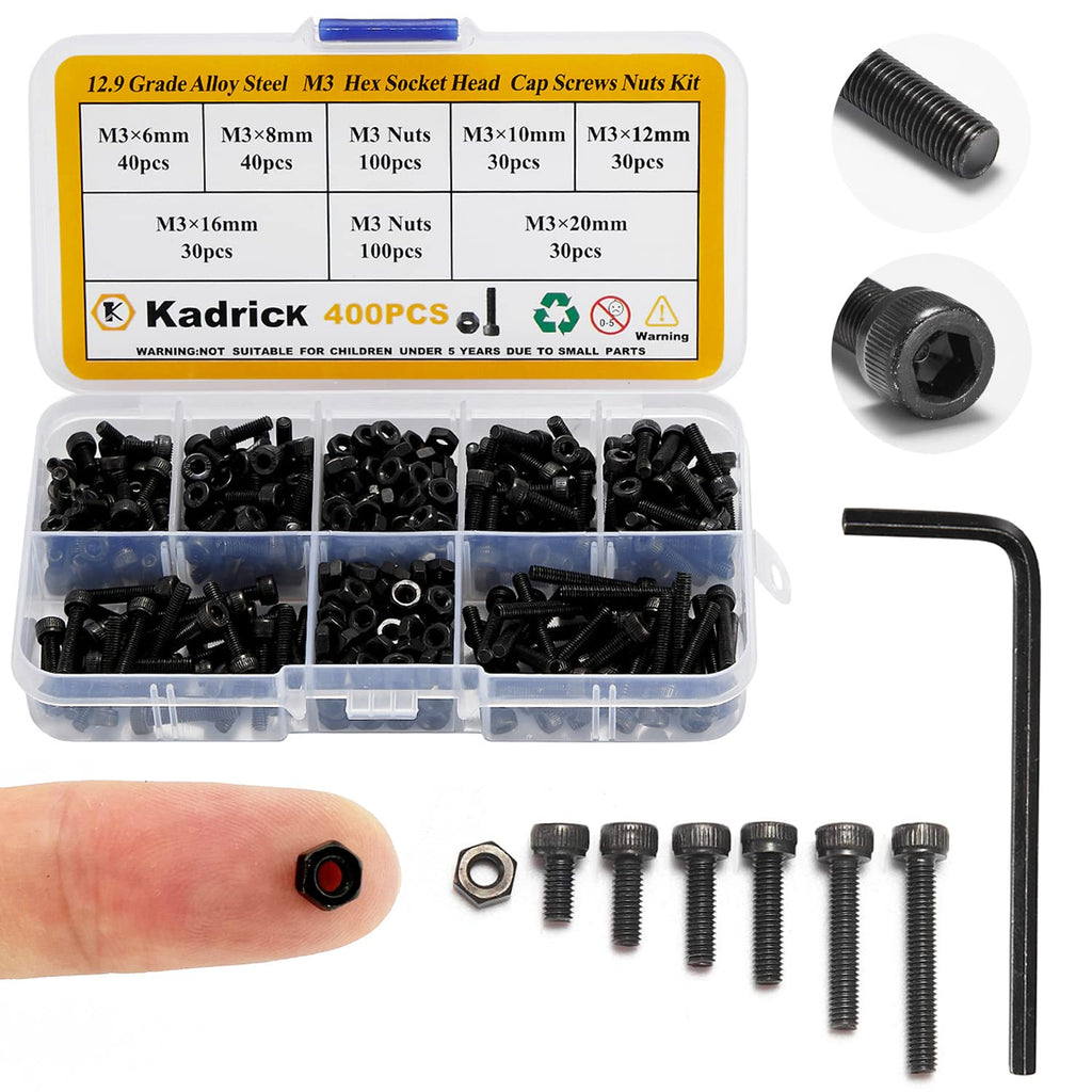 KADRICK 400PCS M3 Screw Assortment Kit,Hex Socket Head Cap Bolts Nuts Kit